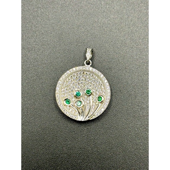 Pave CZ and Green Onyx Sterling Silver .75” Inch Circular Pendant Jewelry Store - Picture 7 of 9